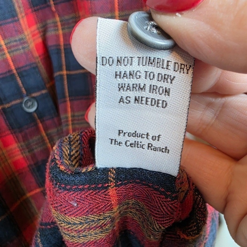 Celtic Ranchwear Shirt Mens L Red Navy Plaid Grandfather Long Sleeve Relaxed Fit - Picture 5 of 7
